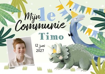 Uitnodiging eerste communie kleurrijke jungle dino's slinger