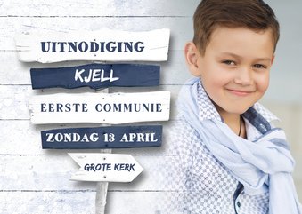 Uitnodiging Eerste Communie wegwijzer blauw met foto