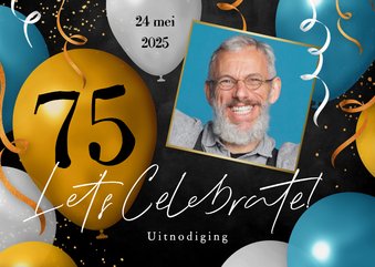 Uitnodiging feestje 75 jaar ballonnen slingers confetti foto