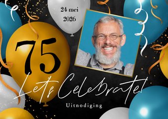 Uitnodiging feestje 75 jaar ballonnen slingers confetti foto