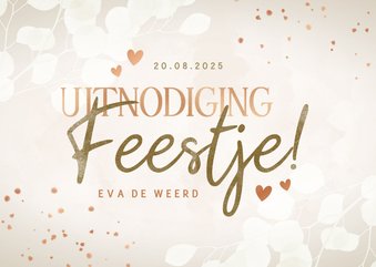 Uitnodiging feestje met eucalyptus hartjes koperlook