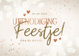 Uitnodiging feestje met eucalyptus hartjes koperlook