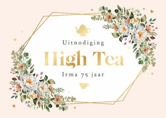 Uitnodiging high tea klassiek bloemen goud hartjes