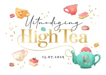 Uitnodiging high tea thee illustraties gebakjes confetti