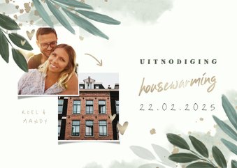 Uitnodiging housewarming botanisch met gouden hartjes