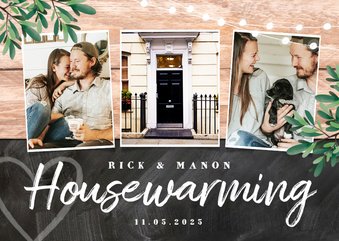 uitnodiging housewarming hout krijt planten foto's