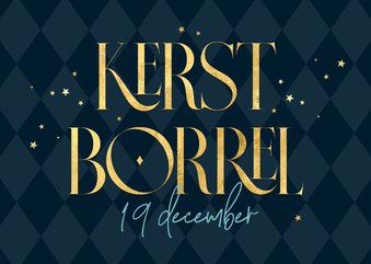 Uitnodiging kerstborrel goud ruitjes blauw zakelijk