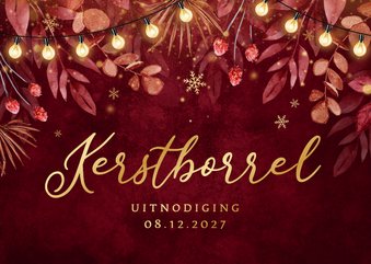 Uitnodiging kerstborrel lampjes takjes sneeuwvlokken rood