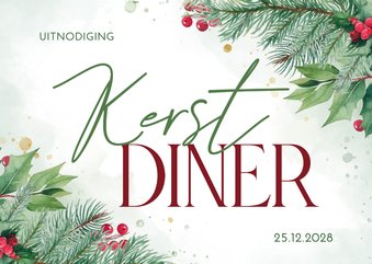 Uitnodiging kerstdiner met hulst- en kersttakjes liggend