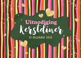 Uitnodiging kerstdiner streepjes hip hartjes goud