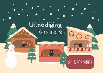 Uitnodiging kerstmarkt met kraampjes en kerstbomen