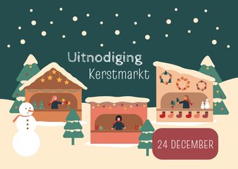 Uitnodiging kerstmarkt met kraampjes en kerstbomen