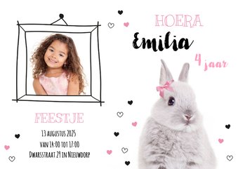 Uitnodiging - Kinderfeestje - Konijntje met roze strikje