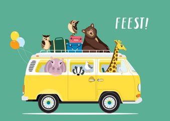 Uitnodiging kinderfeestje met vw busje vol dieren