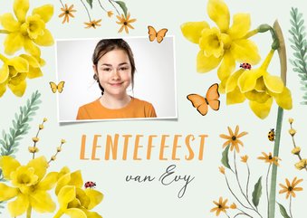 Uitnodiging lentefeest lente bloemen narcissen vlinders