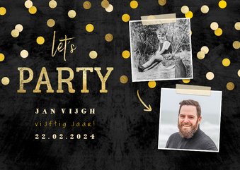 Uitnodiging 'let's party' krijtbord met foto's en confetti