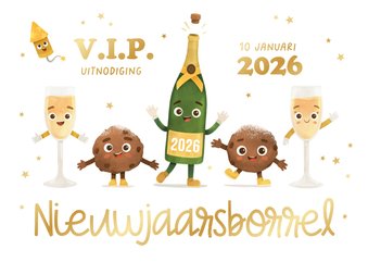 Uitnodiging nieuwjaarsborrel champagne oliebollen sterren