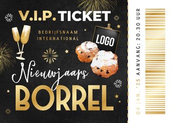 Uitnodiging nieuwjaarsborrel ticket VIP oliebollen champagne