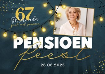 Uitnodiging pensioenfeest unisex foto lampjes spetters