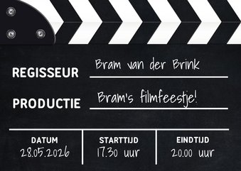 Uitnodiging regisseursbord voor filmfeestje met filmklapper
