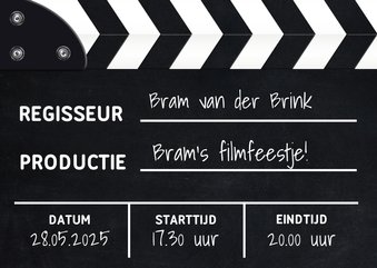 Uitnodiging regisseursbord voor filmfeestje met filmklapper 