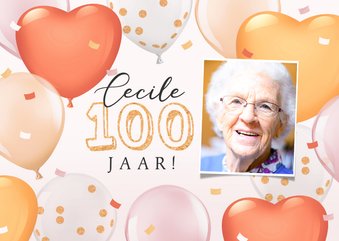 Uitnodiging verjaardag 100 jaar foto confetti ballonnen