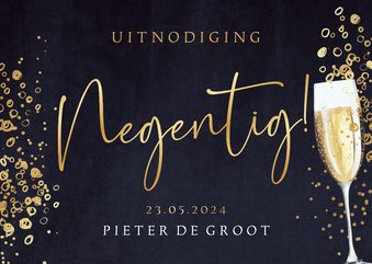 Uitnodiging verjaardag 'negentig' bubbels champagne velvet