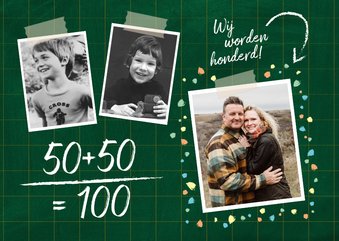 Uitnodiging verjaardag samen 100 jaar fotos op krijtbord