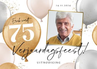 Uitnodiging verjaardagsfeest man 75 jaar ballonnen goud foto