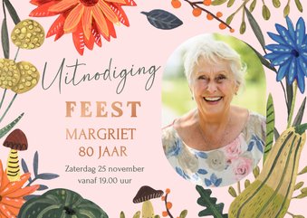 Uitnodiging verjaardagsfeestje herfst bloemen en paddenstoel