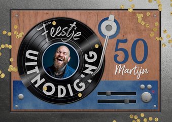 Uitnodiging verjaardagskaart platenspeler vinyl lp foto