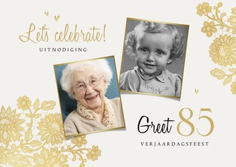 Uitnodiging vintage verjaardagsfeest kant goud hartjes foto