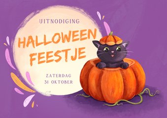 Uitnodiging voor een Halloween feestje met pompoenen en kat