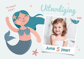 Uitnodigingskaart kinderfeestje meisje zeemeermin foto