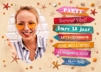 Uitnodigingskaart verjaardag summer beach party wegwijzers