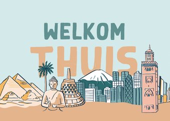 Vakantiekaart welkom thuis skyline wereld