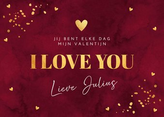 Valentijnskaart rood "I love you" goudlook hartjes