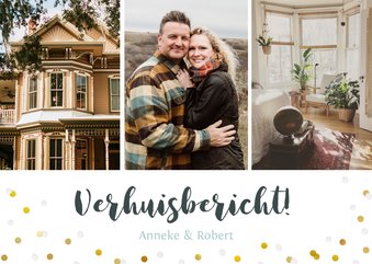 Verhuisbericht fotocollage kaart met 3 foto's en confetti