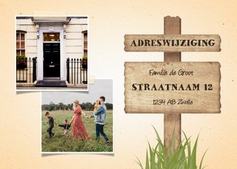 Verhuiskaart 2 foto's met wegwijzerbord en gras