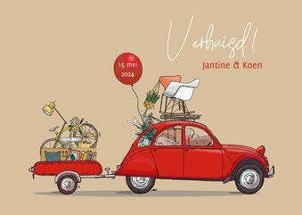 Verhuiskaart Citroën 2cv met aanhangwagen