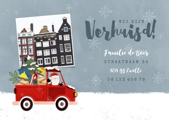 Verhuiskaart met kerstman in pick up truck en eigen foto