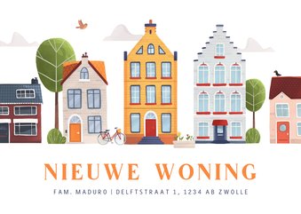 Verhuiskaart nieuwe woning huisjes vrolijk Nederland