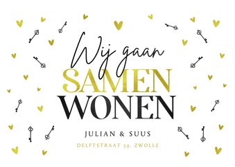 Verhuiskaart samenwonen goud stijlvol hartjes en sleutels