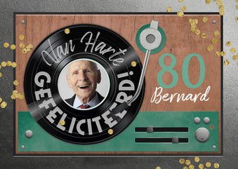 Verjaardagskaart 80 jaar retro muziek vinyl LP speler