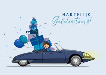 Verjaardagskaart Citroën DS blauw met pakjes