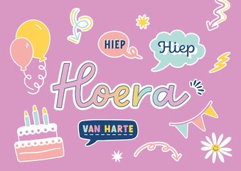 Verjaardagskaart hiep hiep hoera sticker wolkjes