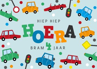 Verjaardagskaart kind auto confetti hoera verkeer