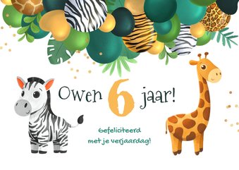 Verjaardagskaart kind jungle giraf zebra ballonnen tijger