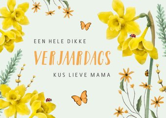 Verjaardagskaart lente bloemen narcissen vlinders 