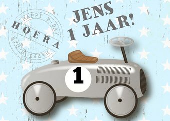 Verjaardagskaart loopauto stoer